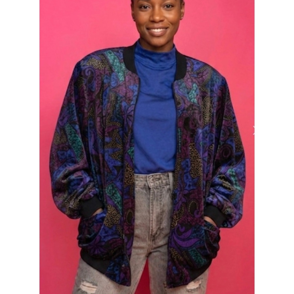 Vintage Yves Venet Velvet Bomber Jacket Purple Blue Abstract Floral 80s Oversize